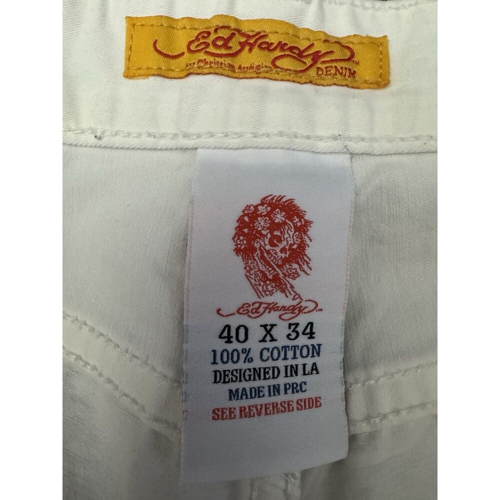 Ed Hardy RARE Wolf Embroidered White Jeans Y2K Mens Pants Size 40 X 34 EUC - Picture 8 of 11